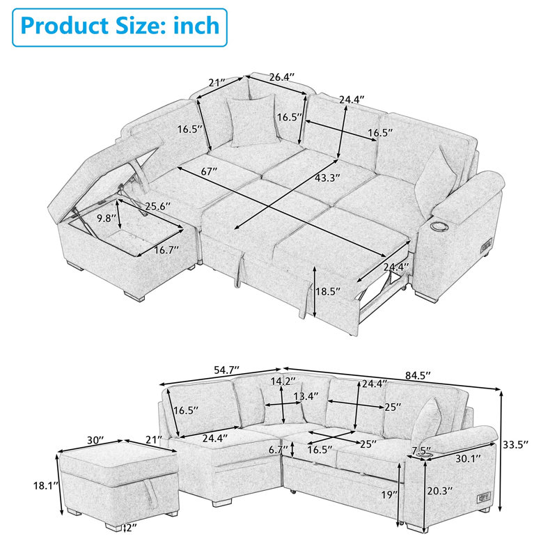 Cassan Upholstered L-Shaped Sectional Left Hand Facing, Gray Linen Blend