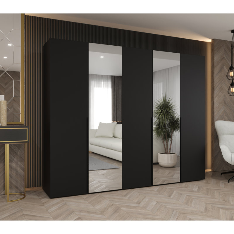 Wardrobe Cante 2, Mirror, Standard Doors, 202 H x 250 W x 52 D, black matt + handles: black