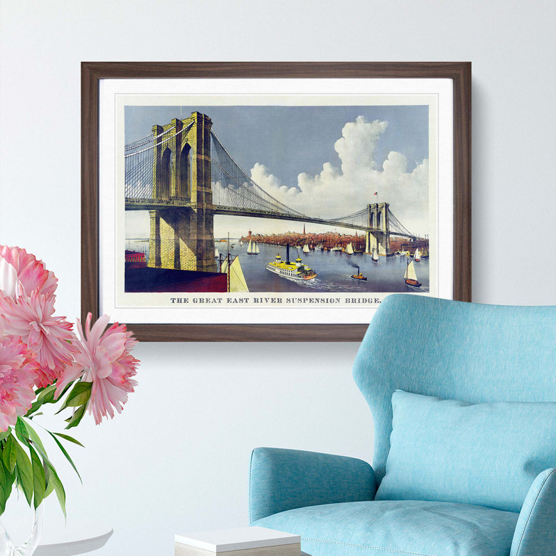 Illustration of Brooklyn Bridge - Picture Frame Painting Print, 27cm H x 36cm W x 2cm D, Walnut Framed