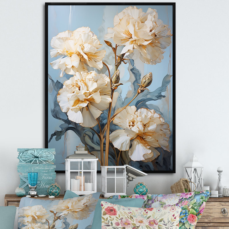 Œillets beiges sur bleu V sur toile, H 40 po x l 30 po x P 1,5 po, Cadre flottant noir