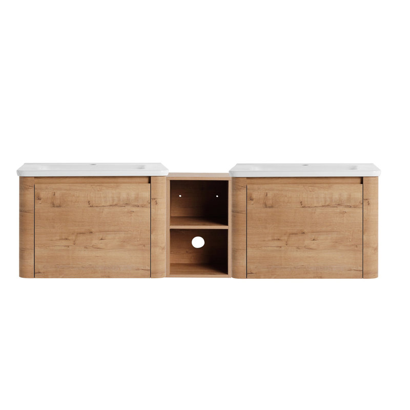 Meuble-lavabo mural en bois avec lavabo en céramique et tablettes de rangement