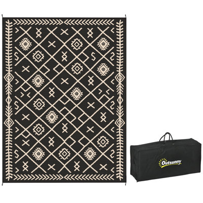 Reversible Outdoor Rug, 9' x 12' Waterproof Plastic Straw Floor Mat, Portable RV Camping Carpet, Large Floor Mat for Backyard, Deck, Picnic, Beach, Black & Beige Rhombus