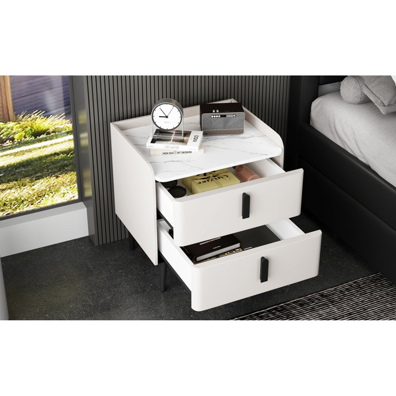 Nightstand With 2 Drawers, White Marble - Pattern Table, Bedroom Organization Aid Raised Tabletop Border, And Living Room Styling Plan