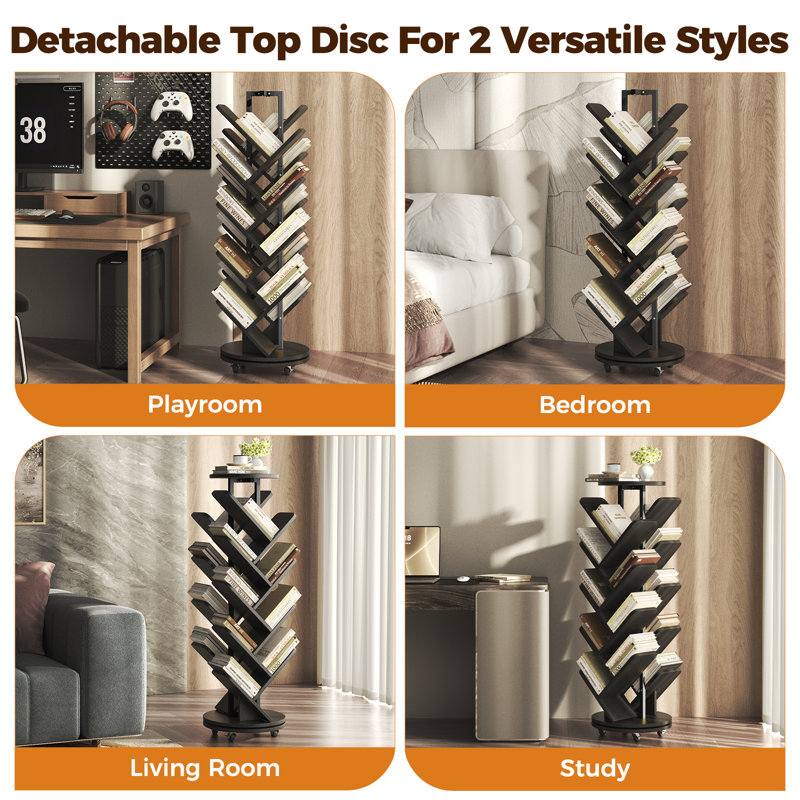 360° Rotating Bookcase,16-Tier Tree Rotating Bookshelf, 360 Degree Spinning Standing Bookcase, Corner Bookcase with casters