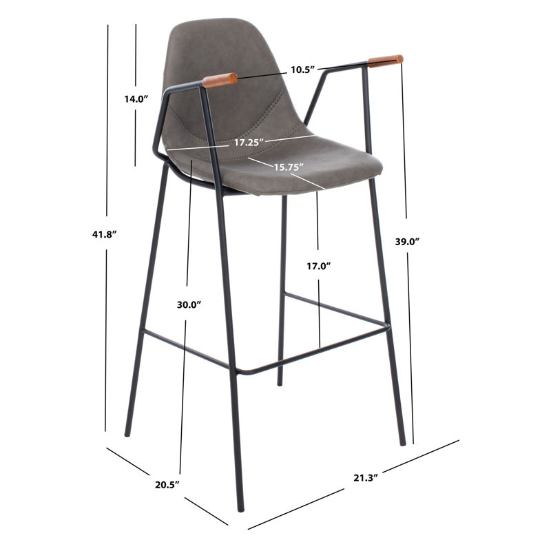 Ash Gray Leather and Metal Mid Century Bar Stool