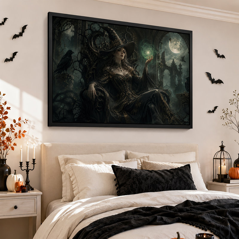 «Dark Fantasy» sorcière tenant un orbe magique vert sur toile d'Halloween, H 16 po x l 24 po