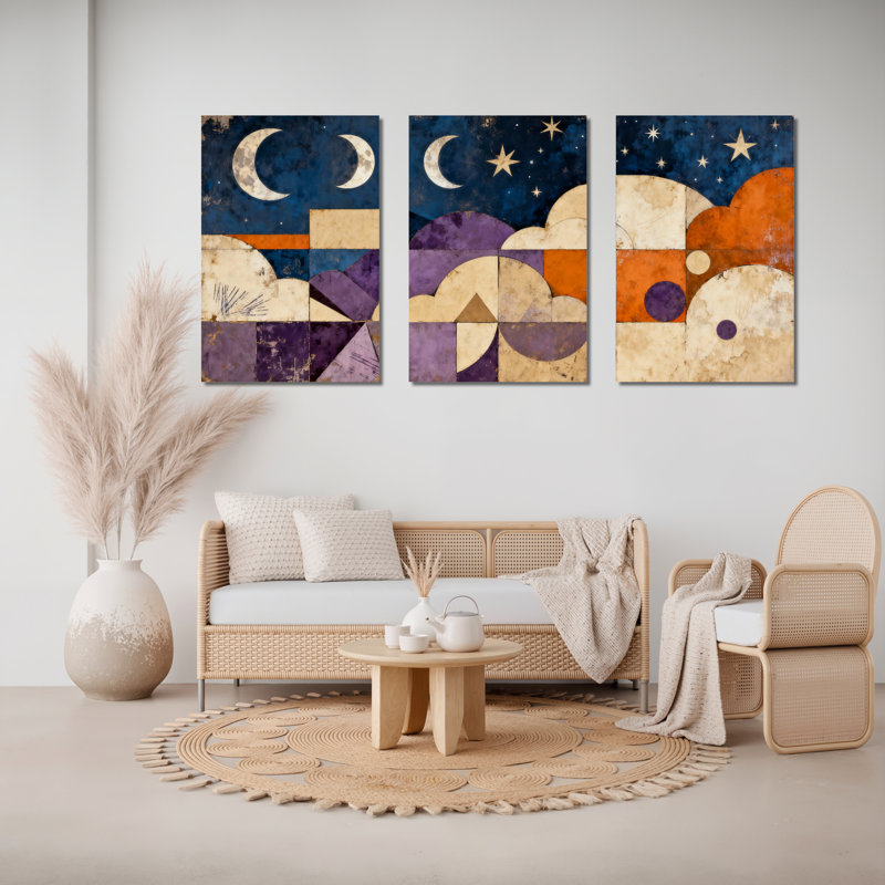 Toile tendue à motif abstrait lune et étoiles (lot de 3), H 24 po x l 48 po