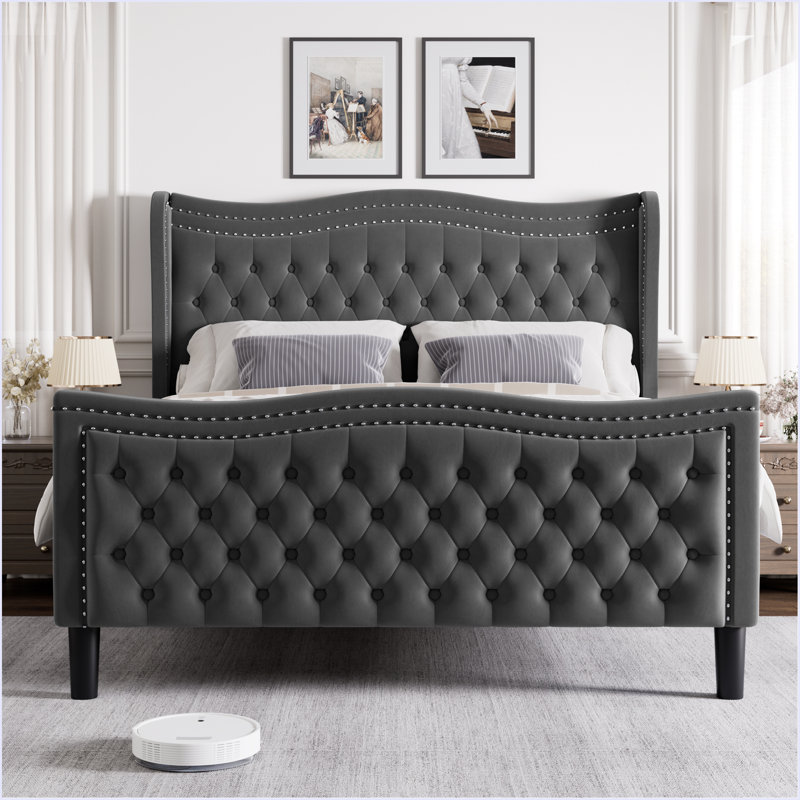 Lit double en velours gris