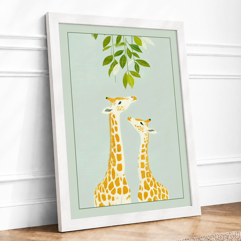Giraffes Reaching High Minimalist 1 Piece Single Picture Frame Wall Art, A4 - 29.7 x 21.0 cm, White