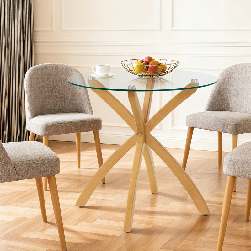Round Dining Table with Tempered Glass Top and Solid Wood Legs, Natural Wood