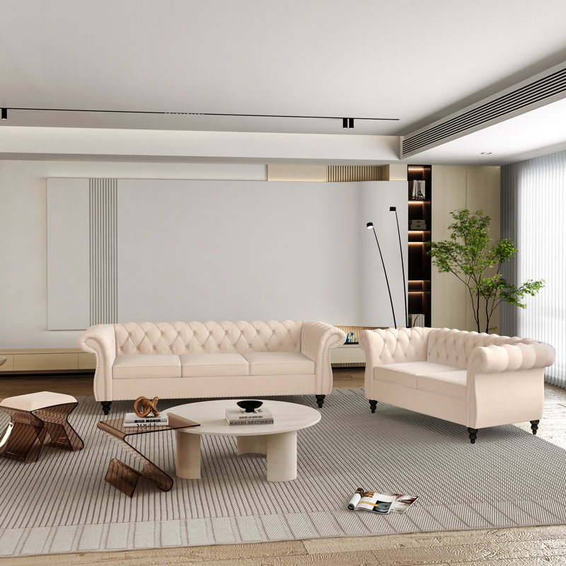 Emara 2 Piece Velvet Standard Living Room Set, Beige Velvet