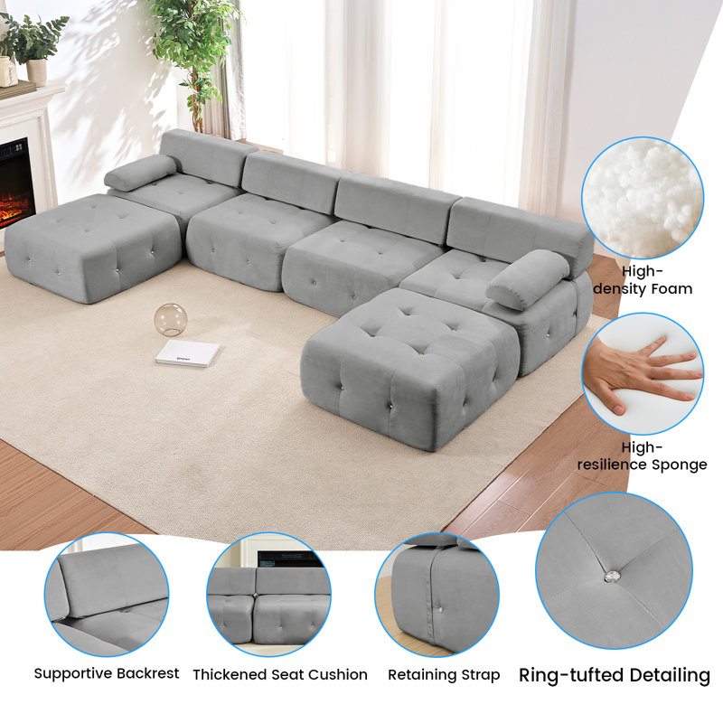 Canapé modulaire en velours 134 po avec assemblage zéro et coussins 10 po, Gris clair