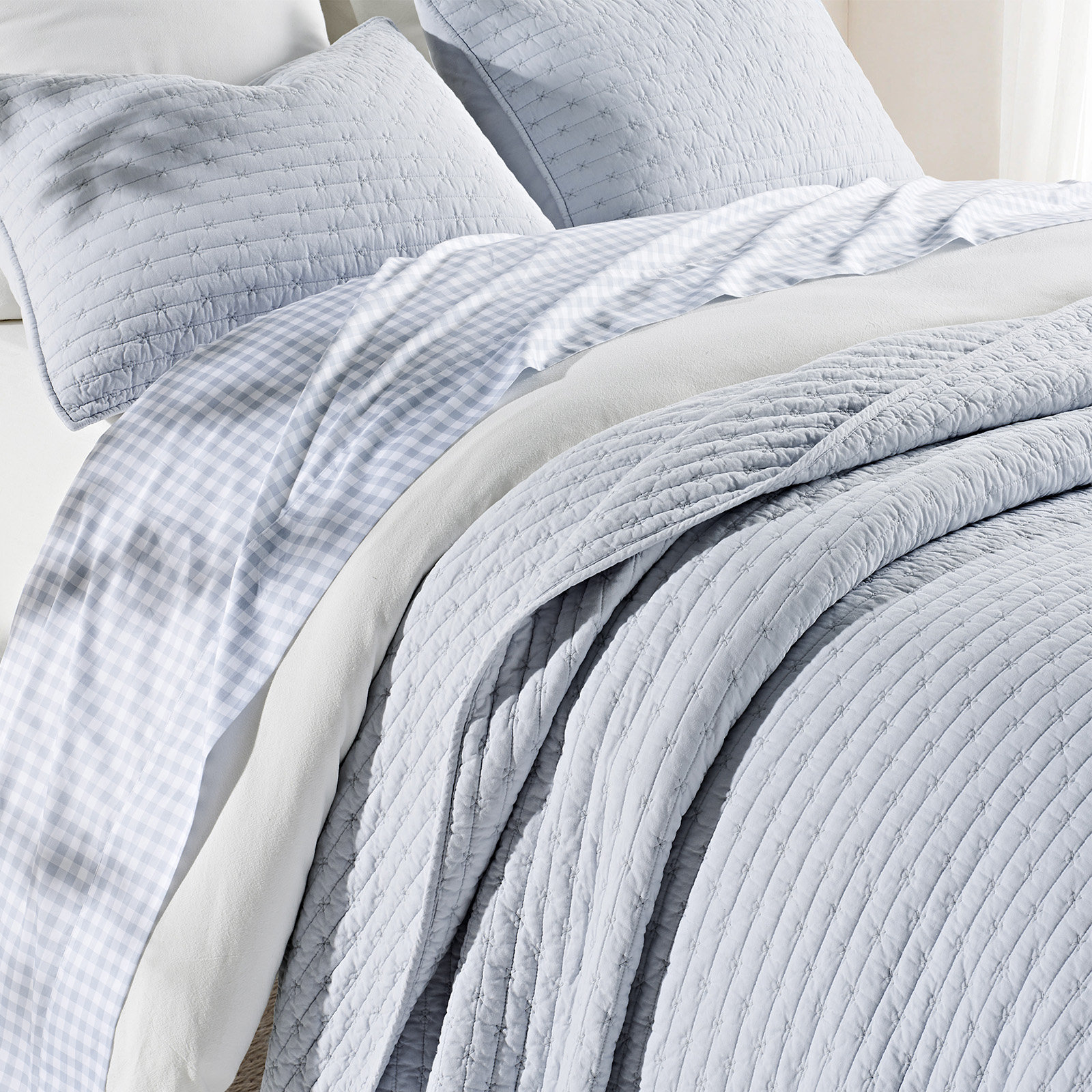 Cotton Quilt Set, Queen + 2 Shams, Powder Blue