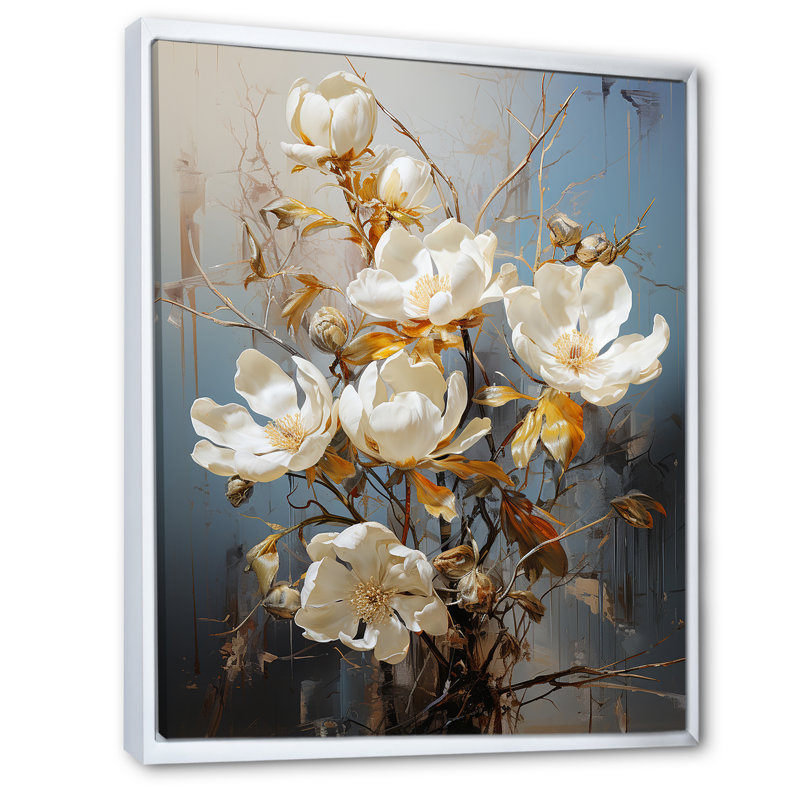 " Gilded Extravagance Magnolias I ", White Floater Frame, 44" H x 34" W x 1.5" D