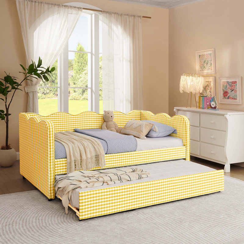 Lit de jour douillet simple avec lit gigogne Cozy Gingham, Jaune