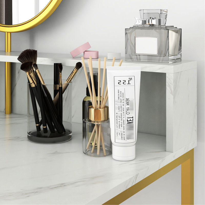 Coiffeuse blanche et dorée avec miroir, rangement ouvert pour bureau de maquillage, finition en faux marbre, fabrication robuste pour la décoration de la chambre à coucher