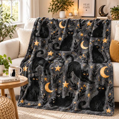 Charcoal Black Cat Flannel Blanket, Crescent Moon Stars and Botanical Branch Pattern Throw for Couch Sofa Bed Chair, Celestial Night Seasonal Accent, 60 x 80 in