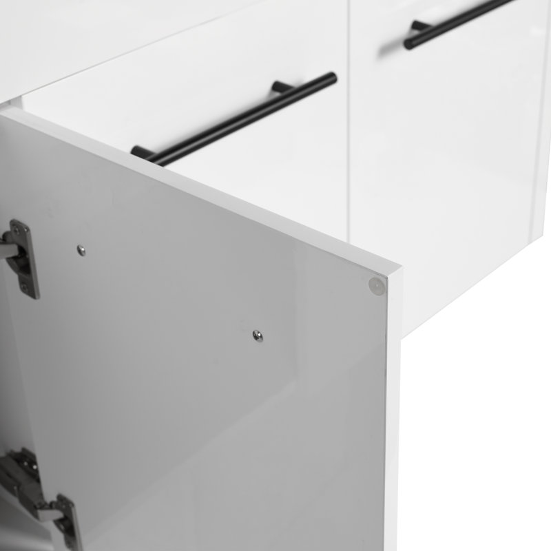 Meuble-lavabo mural 60 po avec lavabo double en résine à rebords épais et portes à fermeture en douceur, Blanc/Noir, Blanc
