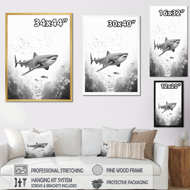 " Monochrome Grey Shark Dance I ", Black Single Picture Framed, 32" H x 24" W x 1" D