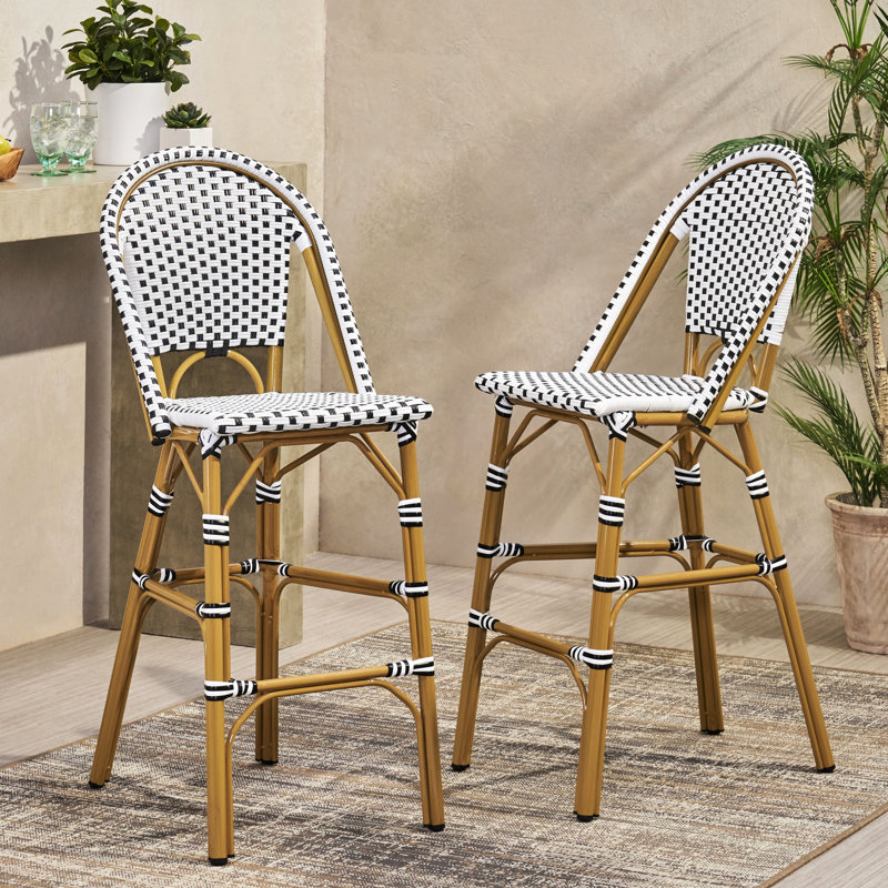 Chaise longue d'extérieur de style français 29,5 pouces (75 cm), blanche et noire, structure en aluminium avec finition rouille, configuration 2 places