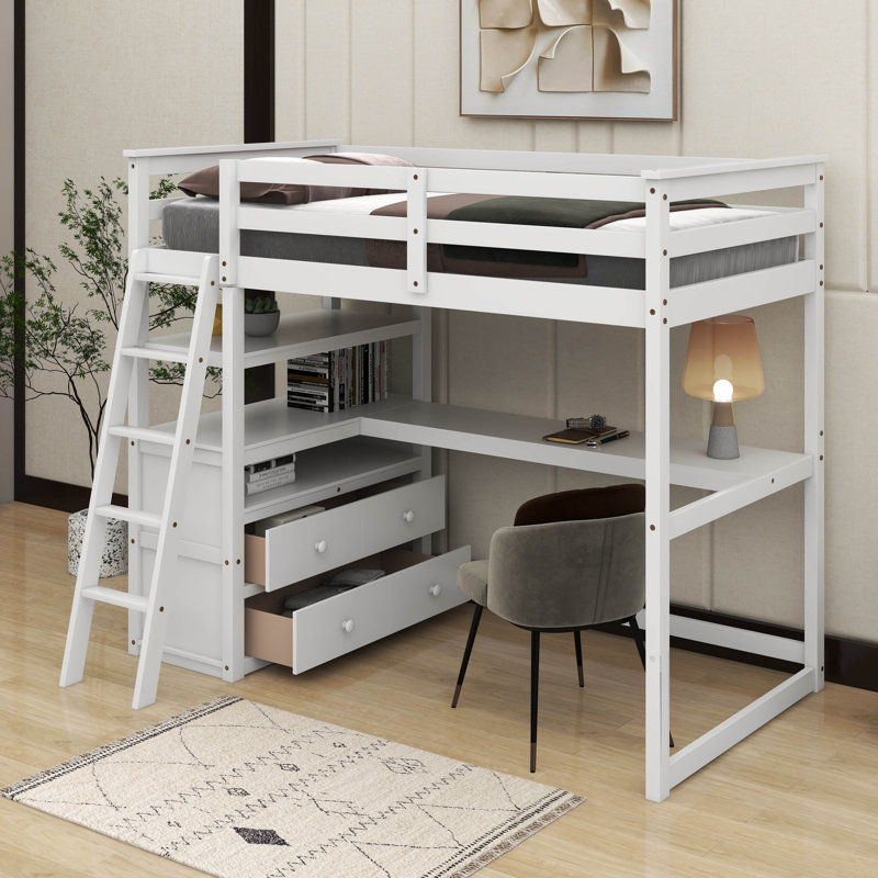 Lit mezzanine simple avec bureau et tablettes, Blanc