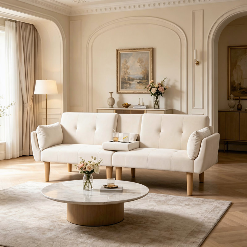 Canapé-lit deux places moderne en velours doux beige de 183 cm (72 pouces) pour appartement et chambre à coucher, Beige