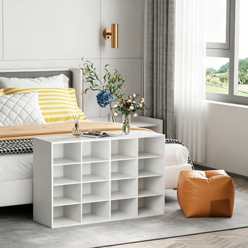 Banc de rangement pour chaussures avec 16 casiers, range-chaussures en bois à 4 niveaux, armoire de rangement pour vestibule, blanc