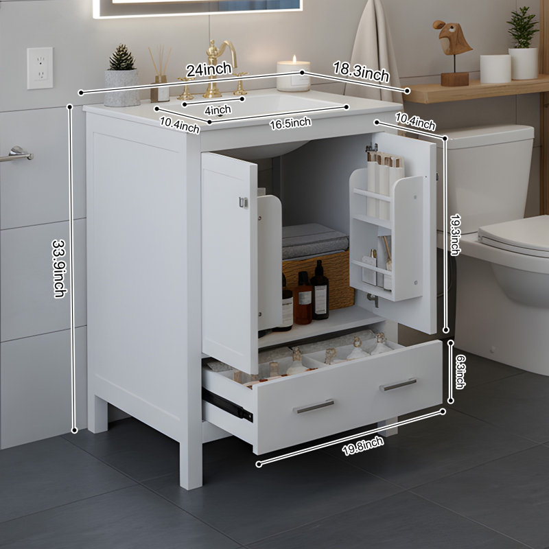 24" Bathroom Vanity Cabinet With Ceramic Sink, White