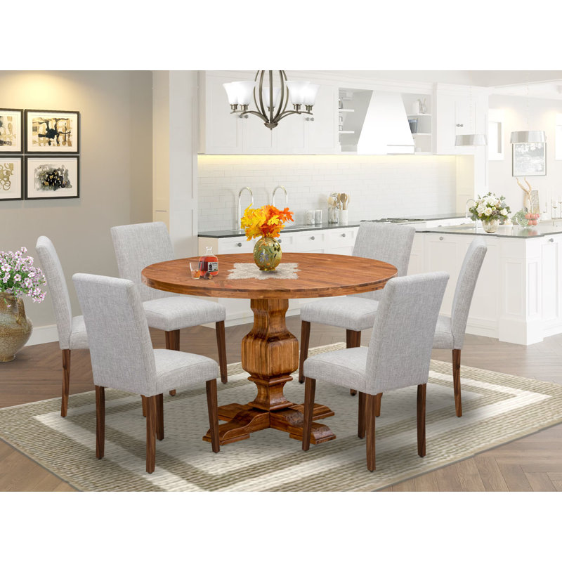 7 Piece Dining Table Set Consist of a Round Dining Room Table with Pedestal and 6 Doeskin Linen Fabric Upholstered Chairs, Antique Walnut