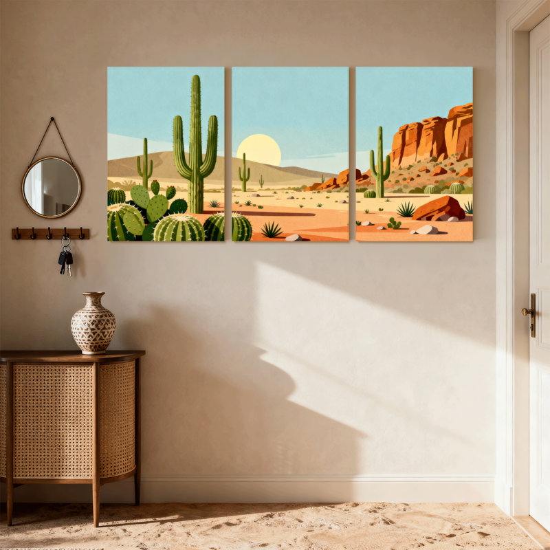 «Landscape & Nature Desert Landscape with Cacti and Sun», ensemble de 3 impressions sur toile, H 36 po x l 72 po