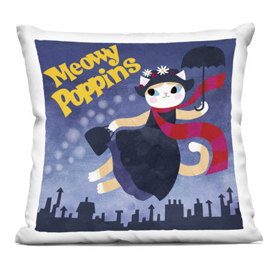Meowy Poppins Cat Parody Decorative Printed Throw Pillow design by Angie Rozelaar