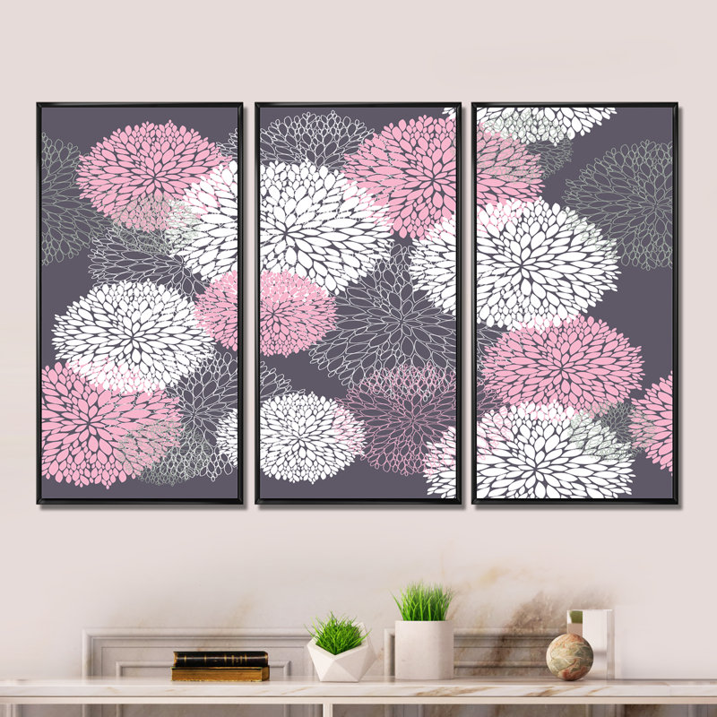Ensemble de 3 reproductions d'art sur toile encadrées roses et blanches à motif floral Mid-Century, Cadre noir