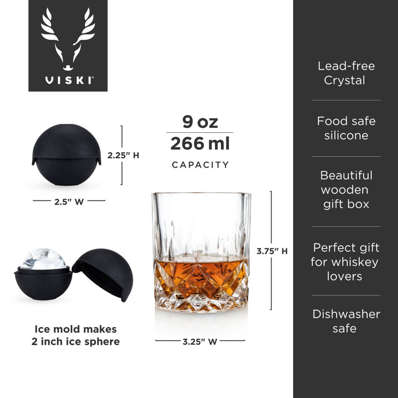 Admiral Crystal Whiskey Glass Set with Silicone Ice Sphere Molds in Wooden Box