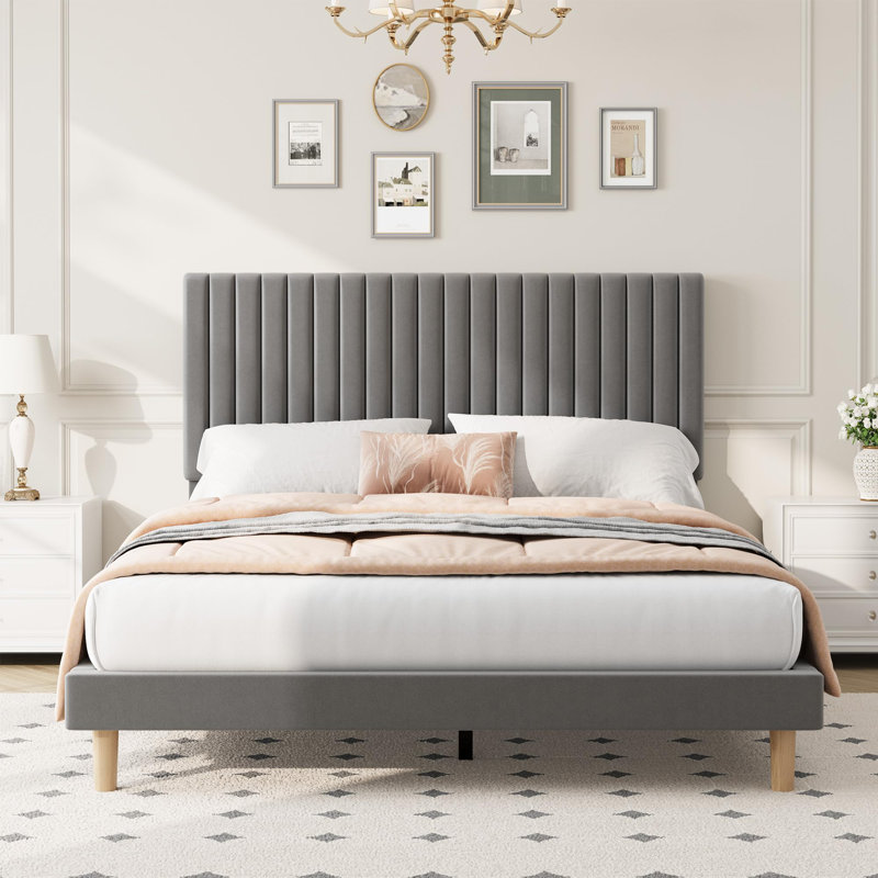 QUEEN Velvet Upholstered Platform Bed with Adjustable Channel-Tufted Headboard, Wooden Slat Support and No Box Spring Needed for Modern Bedrooms