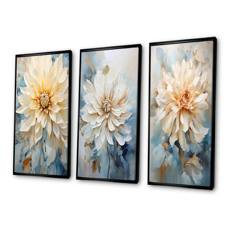 Simple dahlia beige et bleu - ensemble de 4 impressions murales Dahlia, Cadre flottant noir, H 32 po x l 48 po