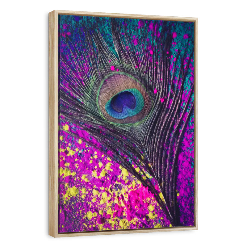 Speckled Peacock Feather, Floating Frame Natural Wood, 29" x 43"