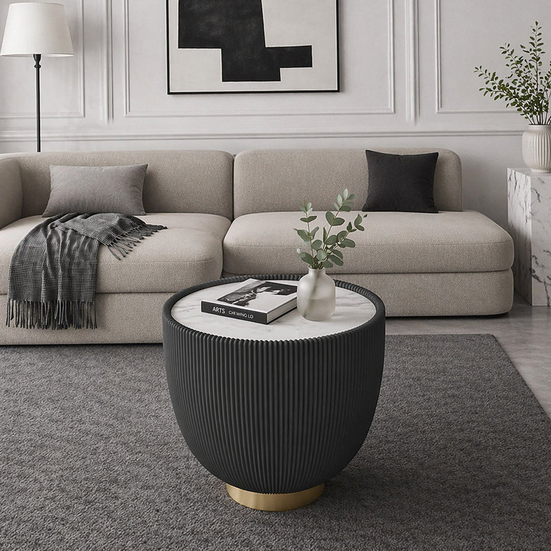 Table basse d'appoint moderne en cuir PU, Marbre blanc / noir