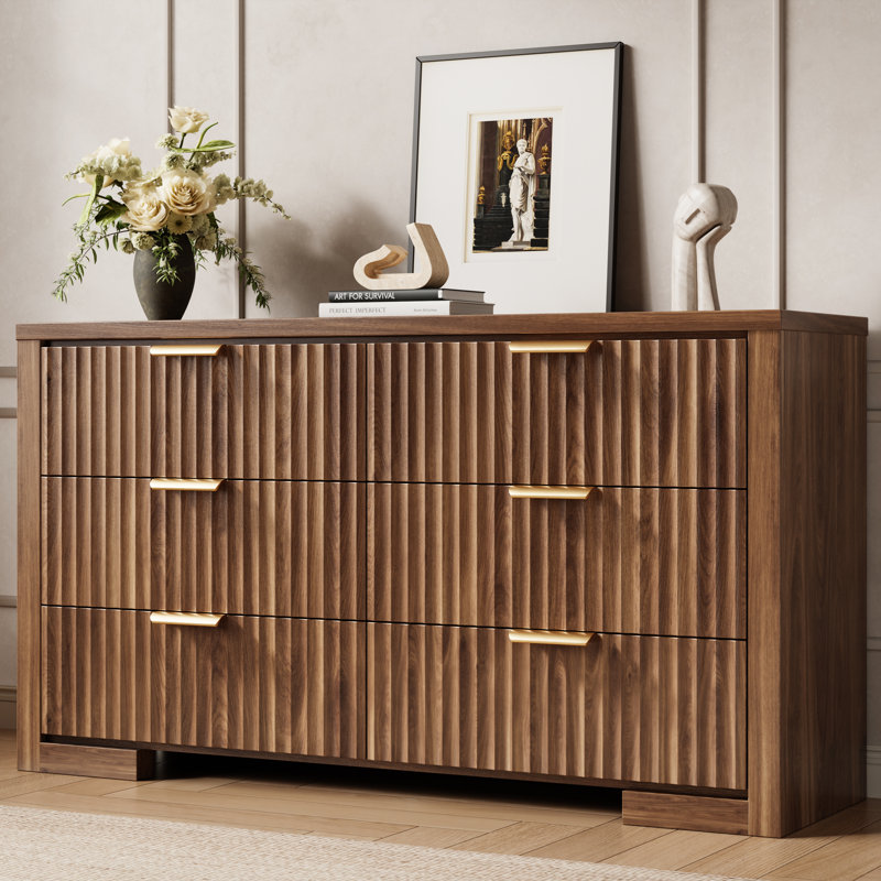 54''Wide Dresser with 6 Drawers, Modern Storage Dresser Organizer Chest Of Drawers with Metal Handles, Walnut