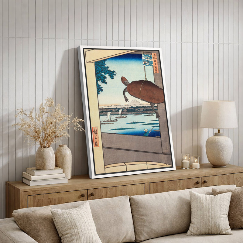 Tortue surplombant la rivière et le mont Fuji, paysage japonais, images Ukiyo-e, H 24 po x l 16 po x P 1,5 po