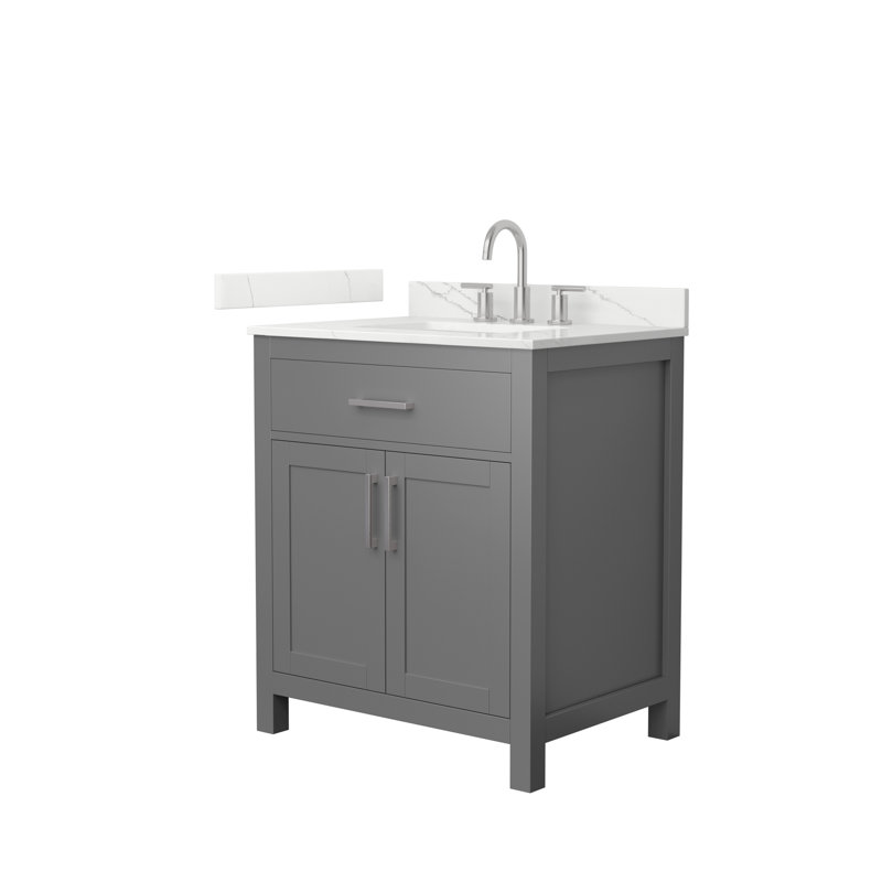 Meuble-lavabo simple autoportant 30 po avec plateau en quartz Beckett, Gris foncé, Nickel brossé, Quartz Giotto