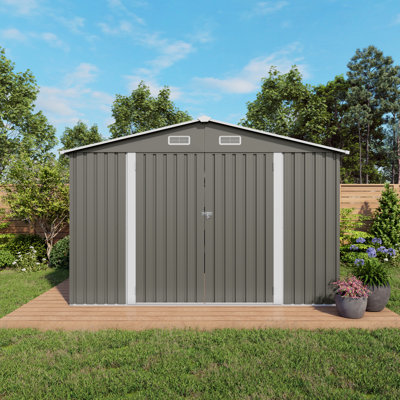 Remise de rangement extérieure 10 X 8 pi, grande remise de rangement en métal, porte verrouillable et évent d'air, remise pour outils de jardin à fenêtre transparente pour vélos, outils, tondeuses à gazon, arrière-cours, patios, pelouses - Gris