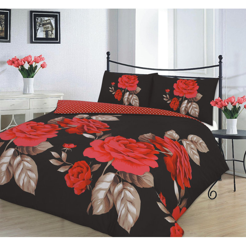 Arey Cotton Blend Floral Bedding with Pillowcases Included, Double Duvet Cover + 1 Standard Pillowcase, Red
