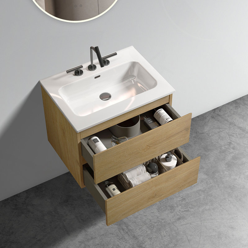 24" Wall Mounted Floating Bathroom Storage Vanity with Ceramic Sink, Oak, Triple