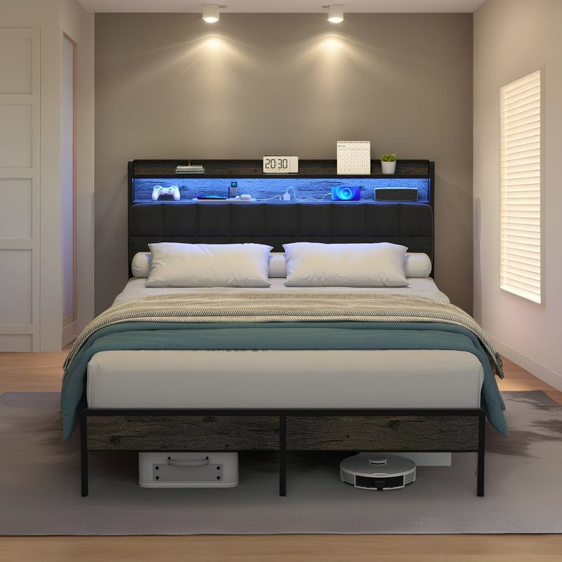 Base de lit plateforme moderne avec lumières DEL RVB et station de charge - tête de lit ergonomique, rangement sous le lit