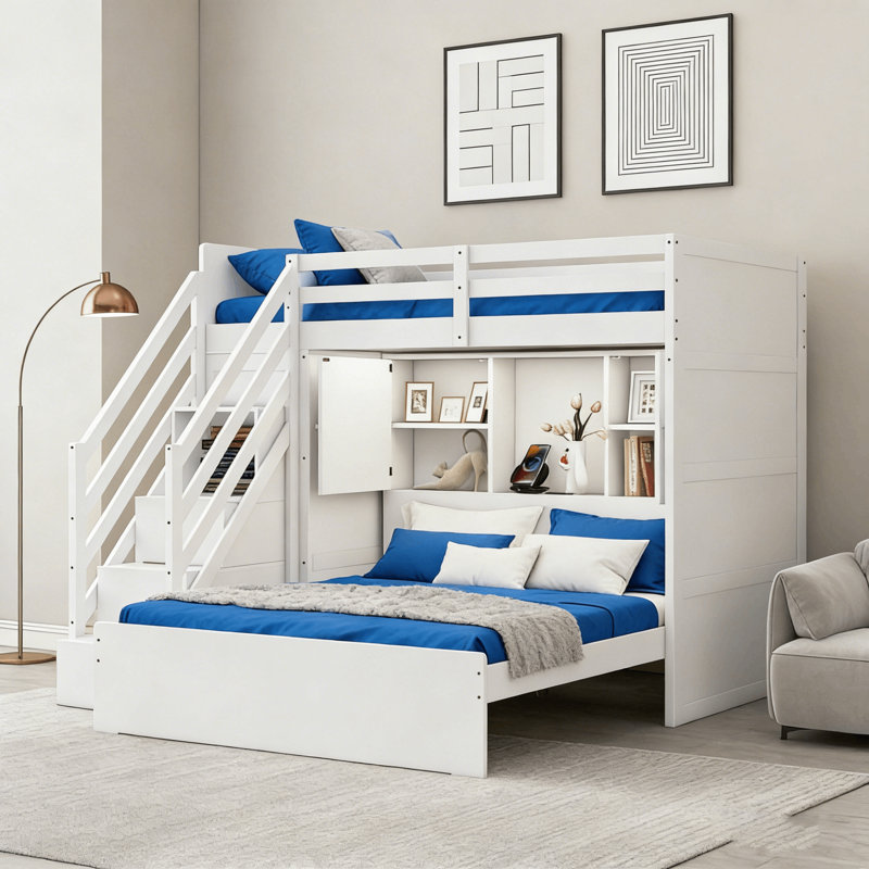 Twin Over Full L-shaped Bunk Bed With Storage Stairs, Cabinet, Armoire And Lighted, White