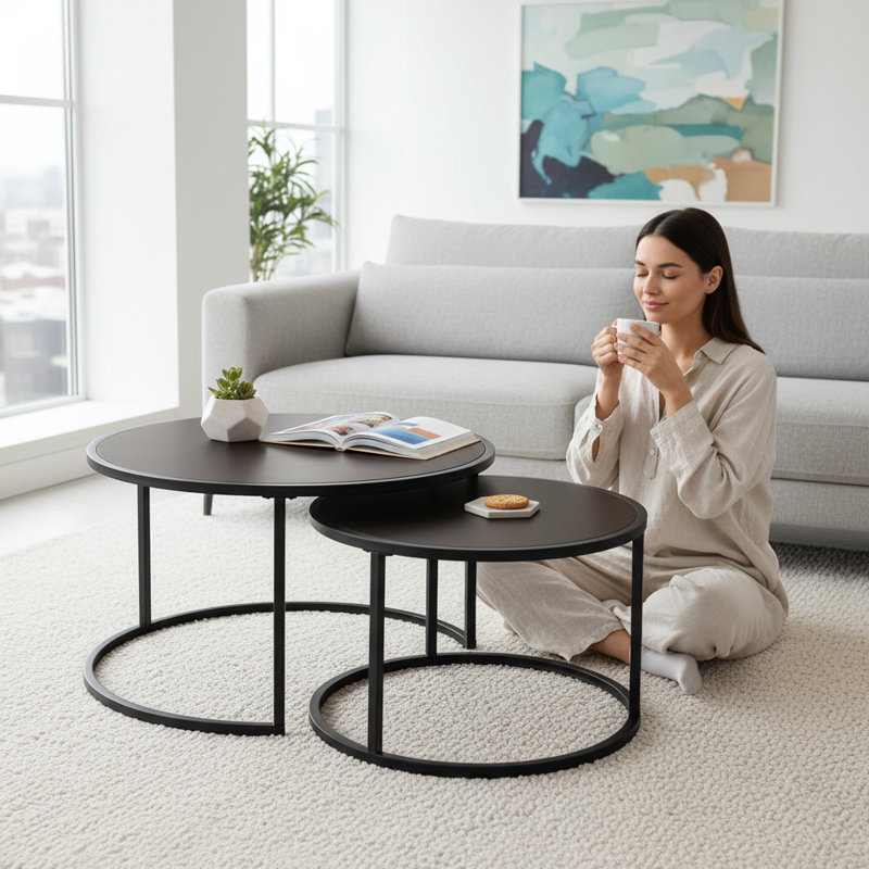Ensemble de 2 tables basses gigognes modernes en similicuir brun foncé | Idée de cadeau