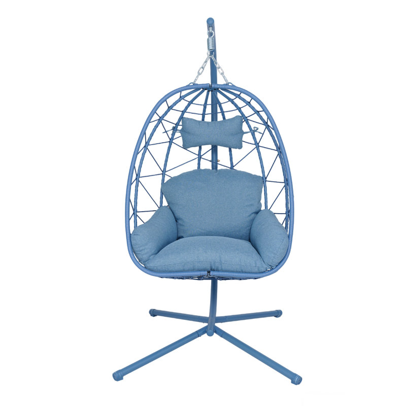 Fauteuil suspendu suspendu en osier avec support et coussin lavable pour patio, Blue, Blue