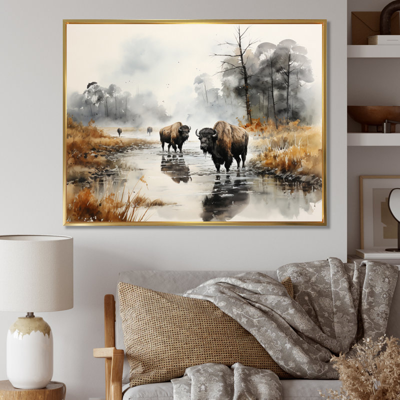 «Gray Buffalo Misty Morning Grazing II», reproductions sur toile d'animaux, H 24 po x l 32 po x P 1 po, Cadre flottant doré