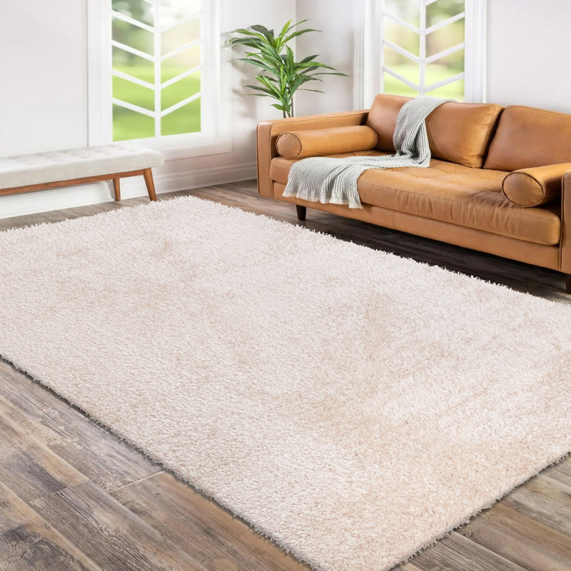 100% Polypropylene Solid Colour Machine Tufted Shag Indoor / Outdoor Area Rug, Rectangle 1'12" x 3'7", Cream