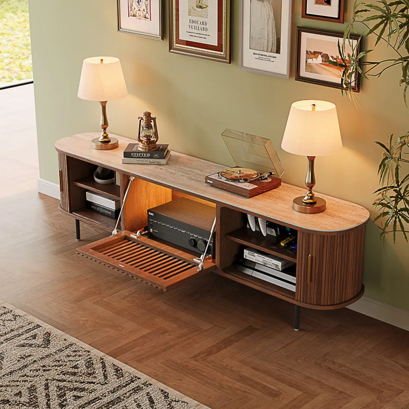 Mid-Century Modern Tambour Door TV Stand With LED Lights, Fully Assembled, 21.25"H x 79"L x 15.75"W, Brown